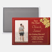 Save The Date Photo, Gold Flowers on Maroon Fridge マグネット (正面/裏面)