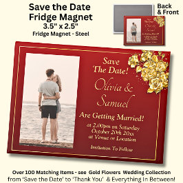 Save The Date Photo, Gold Flowers on Maroon Fridge マグネット