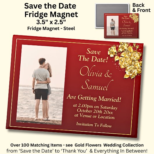 Save The Date Photo, Gold Flowers on Maroon Fridge マグネット