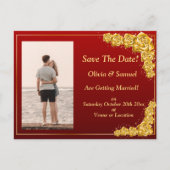 Save The Date, Photo - Gold Roses Maroon Red  案内ポストカード (正面)