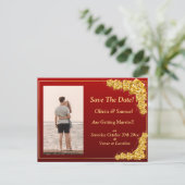 Save The Date, Photo - Gold Roses Maroon Red  案内ポストカード (スタンド正面)
