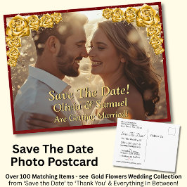 Save The Date, Photo - Gold Roses Maroon Red 案内ポストカード