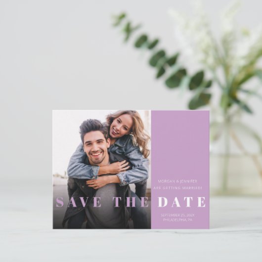 Save the Date Photo Lavenderタイポグラフィ 案内ポストカード (スタンド正面)