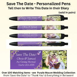 Save The Date - Photo + Purple Mauve Flowers 黒ボールペン