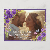 Save The Date, Photo -Purple Mauve Flowers & White 案内ポストカード (正面)
