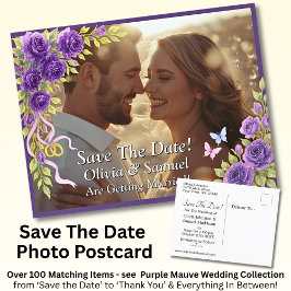 Save The Date, Photo -Purple Mauve Flowers & White 案内ポストカード