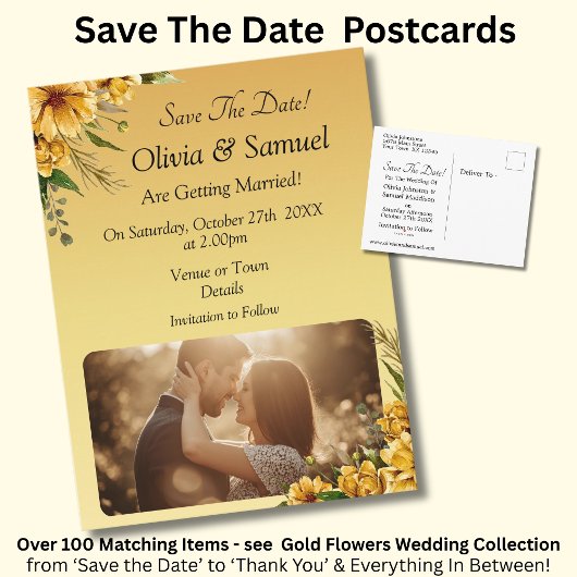 Save The Date - Photo with Golden Yellow Flowers 案内ポストカード