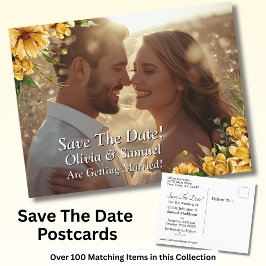 Save The Date - Photo with Golden Yellow Flowers 案内ポストカード