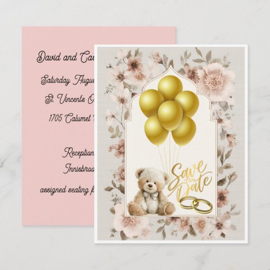Save The Date Pink and Gold Card 招待状 (正面/裏面)