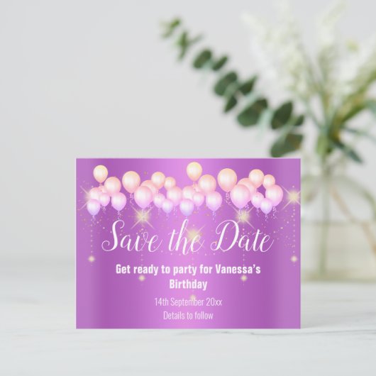 Save the Date Pink Balloons Sparkle All Cursion 案内ポストカード (スタンド正面)
