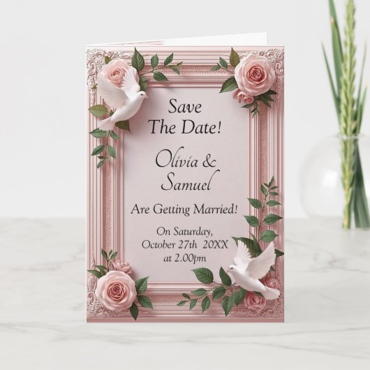 Save The Date - Pink Roses & Doves Wedding カード (正面)