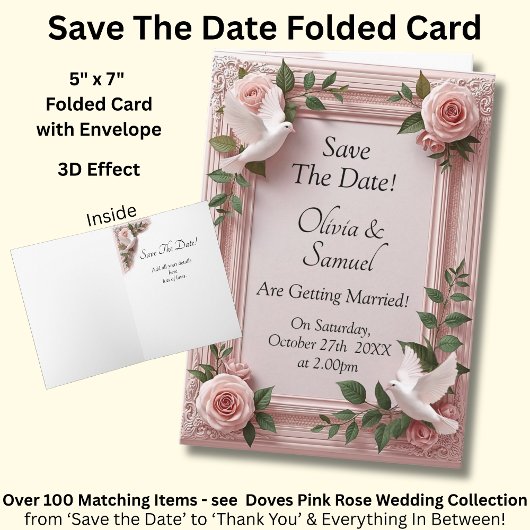 Save The Date - Pink Roses & Doves Wedding カード