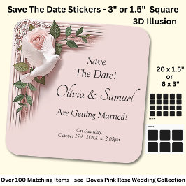 Save The Date - Pink Roses & Doves Wedding スクエアシール