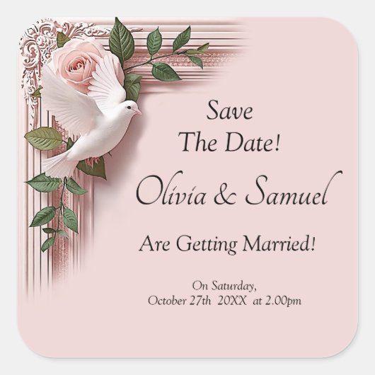 Save The Date - Pink Roses & Doves Wedding スクエアシール (正面)