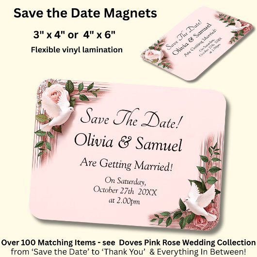 Save The Date - Pink Roses & Doves Wedding マグネット