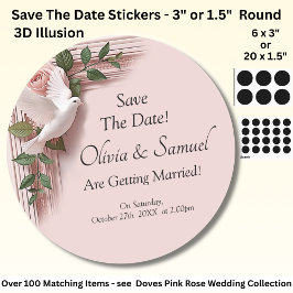 Save The Date - Pink Roses & Doves Wedding ラウンドシール