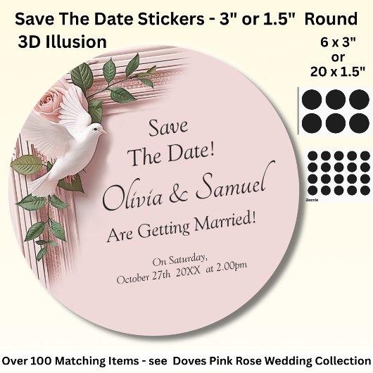 Save The Date - Pink Roses & Doves Wedding ラウンドシール