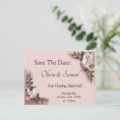 Save The Date - Pink Roses & Doves Wedding 案内ポストカード (スタンド正面)