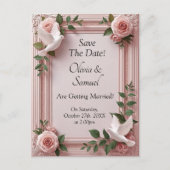 Save The Date - Pink Roses & Doves Wedding 案内ポストカード (正面)