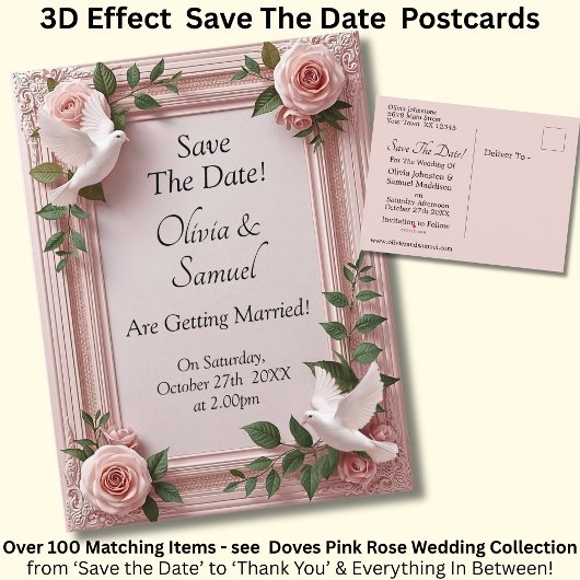 Save The Date - Pink Roses & Doves Wedding 案内ポストカード