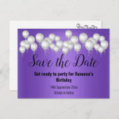 Save the Date Purple Balloons Sparkle Causion 案内ポストカード (正面/裏面)