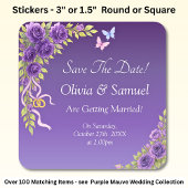 Save The Date -Purple Mauve Flowers & White スクエアシール