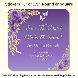 Save The Date -Purple Mauve Flowers & White スクエアシール