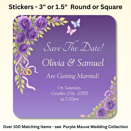 Save The Date -Purple Mauve Flowers & White スクエアシール