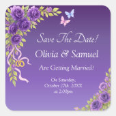 Save The Date -Purple Mauve Flowers & White スクエアシール (正面)