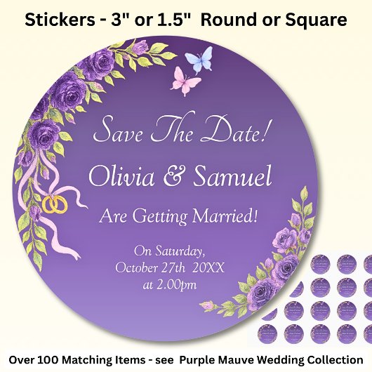 Save The Date -Purple Mauve Flowers & White ラウンドシール