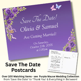 Save The Date - Purple Mauve Flowers & White 案内ポストカード