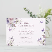 Save The Date Quinceaenera Purple Butterflyフローラ 招待状 (スタンド正面)