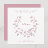 Save the Date Quinceañera Party Diseño Floral サンキューカード (正面/裏面)