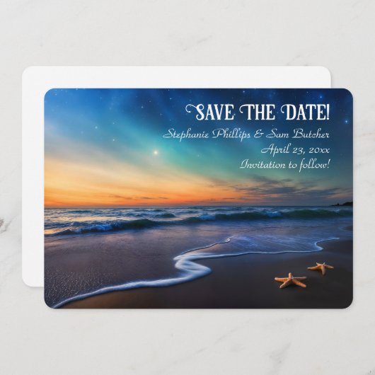Save the Date Romantic Beach Fantasy Starfish 招待状 (正面/裏面)