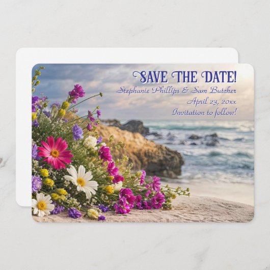 Save the Date Romantic Beautiful Flowers on Beach  招待状 (正面/裏面)