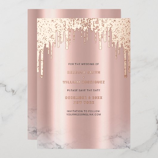 Save The Date Rosegold Glitter Drips Pink 箔シーズンカード (正面/裏面)