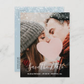 Save the Date Script Winter Snowflakes Photo ポストカード (正面/裏面)