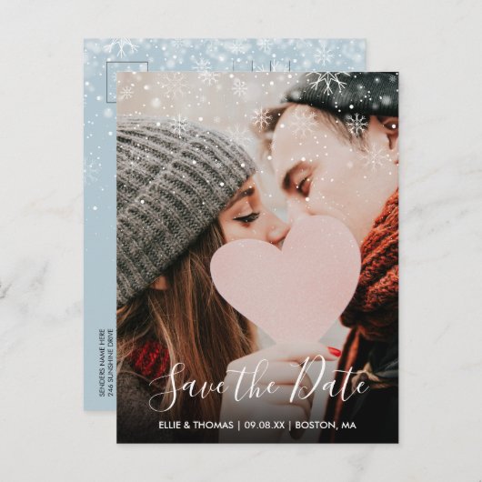 Save the Date Script Winter Snowflakes Photo ポストカード (正面/裏面)