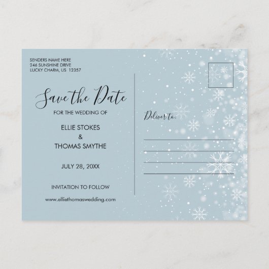 Save the Date Script Winter Snowflakes Photo ポストカード (裏面)