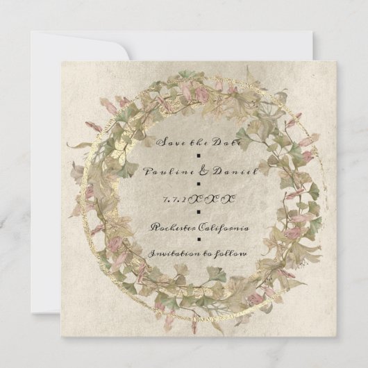 Save The Date Shabbコテージ金ゴールドフローラピンクアイボリー セーブザデート (正面)