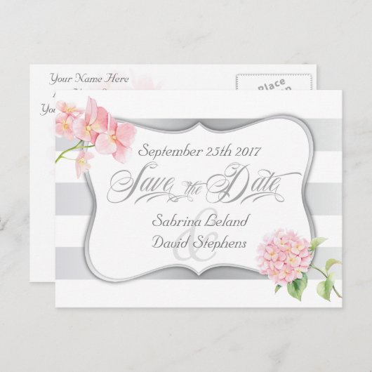 Save the Date SilverのとストライプPink Hydrangeas 案内ポストカード (正面/裏面)