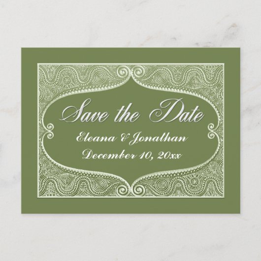 Save the Date Silver filigree jade,セージ 案内ポストカード (正面)