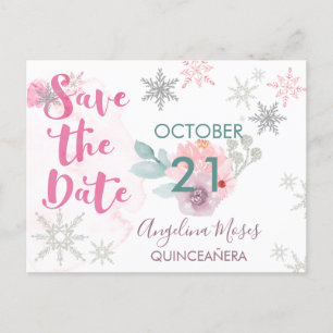 Save the Date Silver Pink Snowflaks and Flowers 案内ポストカード