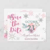 Save the Date Silver Pink Snowflaks and Flowers 案内ポストカード (正面/裏面)