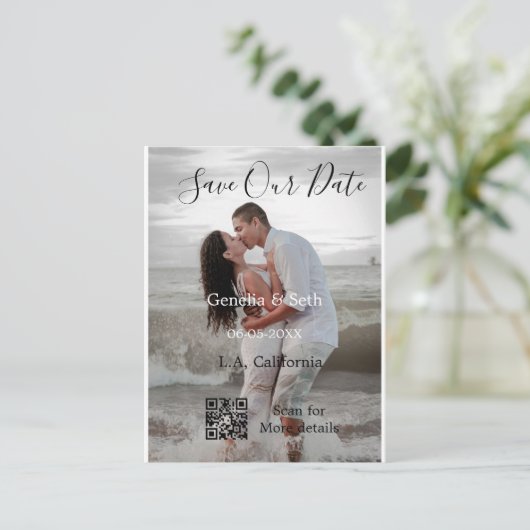 Save the date simple minimal QR scan code details ポストカード (スタンド正面)