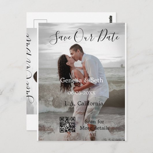 Save the date simple minimal QR scan code details  ポストカード (正面/裏面)