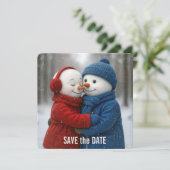 Save The Date Snowman Couple in Snowflakes カード (スタンド正面)