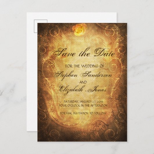 Save The Date Steampunkヴィンテージアンティークバラ 案内ポストカード (正面/裏面)