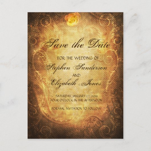 Save The Date Steampunkヴィンテージアンティークバラ 案内ポストカード (正面)