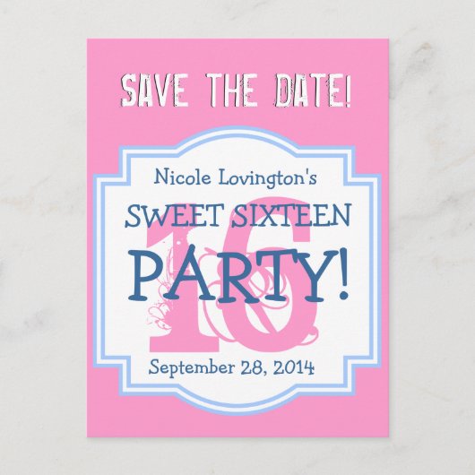 Save the Date Sweet 16 Birthday Party V001 PINK 案内ポストカード (正面)